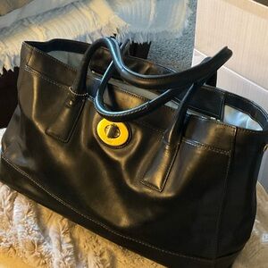 Coach Black Leather Tote with Gold Accent